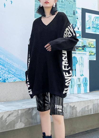 Aesthetic Fall Black Letter Sweaters O Neck Knitted T Shirt