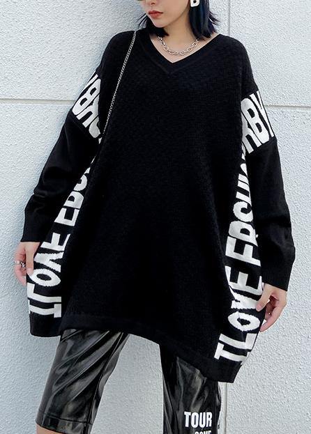 Aesthetic Fall Black Letter Sweaters O Neck Knitted T Shirt