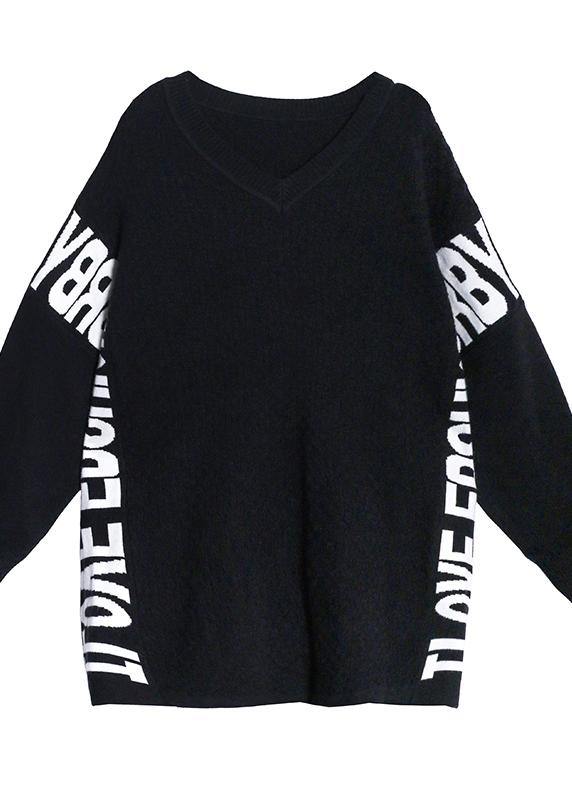 Aesthetic Fall Black Letter Sweaters O Neck Knitted T Shirt