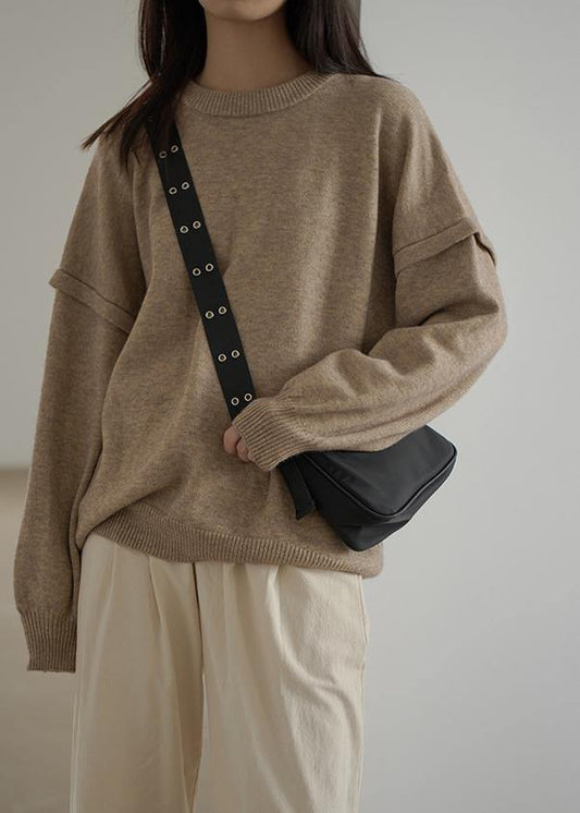 Aesthetic Fall Khaki Knit Sweat Tops Clothing O Neck Cinched Sweater Blouse