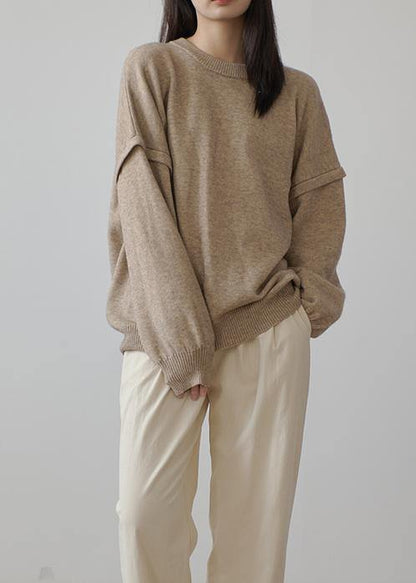 Aesthetic Fall Khaki Knit Sweat Tops Clothing O Neck Cinched Sweater Blouse