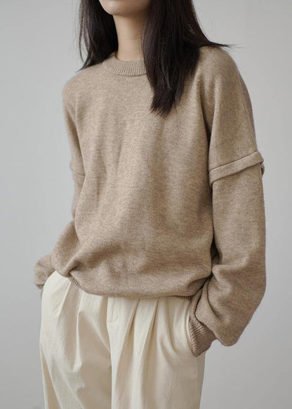 Aesthetic Fall Khaki Knit Sweat Tops Clothing O Neck Cinched Sweater Blouse