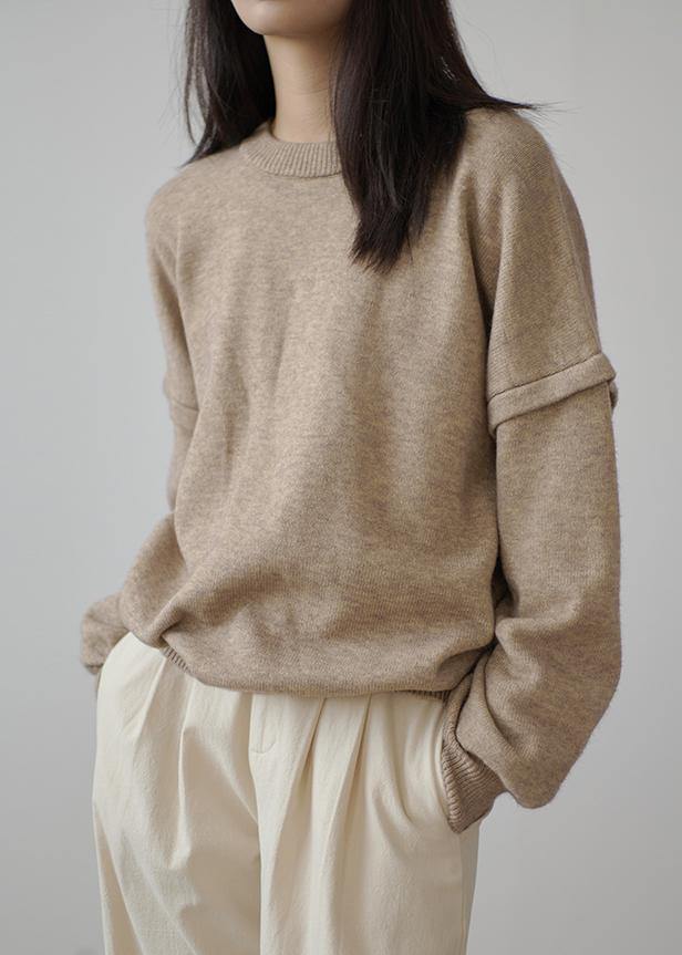 Aesthetic Fall Khaki Knit Sweat Tops Clothing O Neck Cinched Sweater Blouse