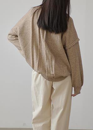 Aesthetic Fall Khaki Knit Sweat Tops Clothing O Neck Cinched Sweater Blouse