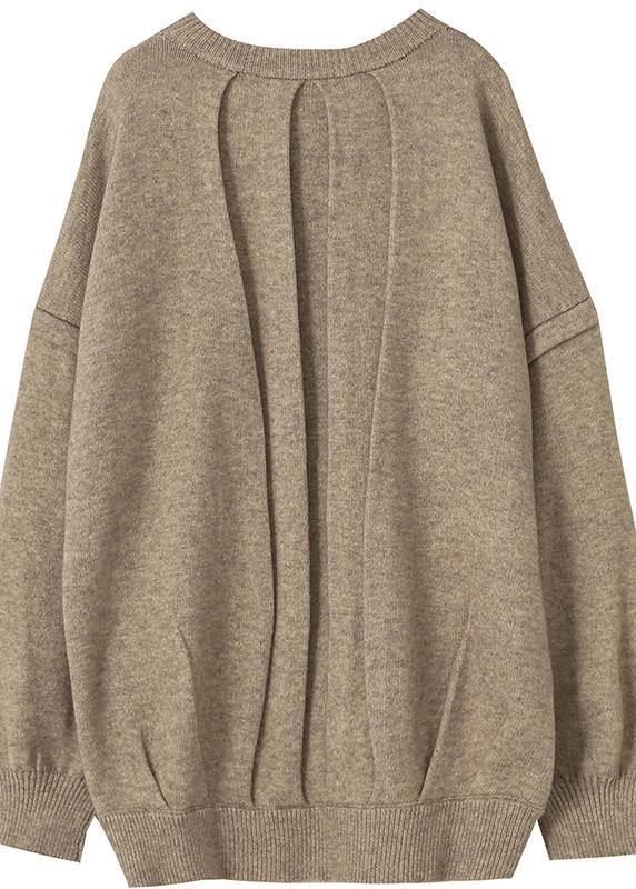 Aesthetic Fall Khaki Knit Sweat Tops Clothing O Neck Cinched Sweater Blouse