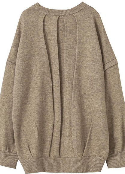 Aesthetic Fall Khaki Knit Sweat Tops Clothing O Neck Cinched Sweater Blouse