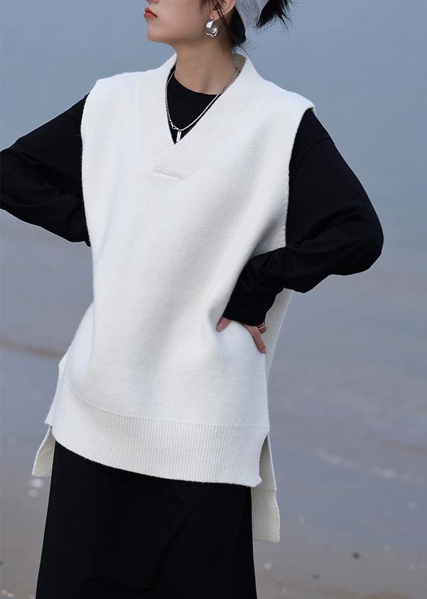 Aesthetic Fall White Knit Sweat Tops Oversized V Neck Low High Design Tops