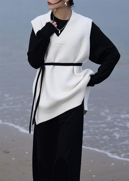 Aesthetic Fall White Knit Sweat Tops Oversized V Neck Low High Design Tops