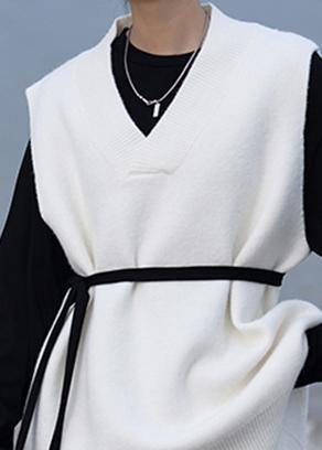 Aesthetic Fall White Knit Sweat Tops Oversized V Neck Low High Design Tops