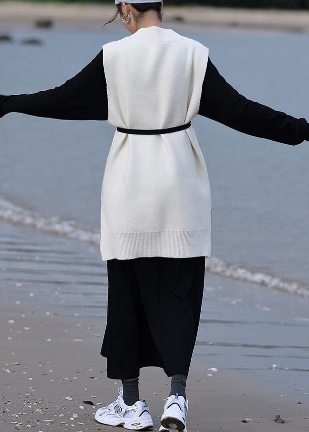 Aesthetic Fall White Knit Sweat Tops Oversized V Neck Low High Design Tops