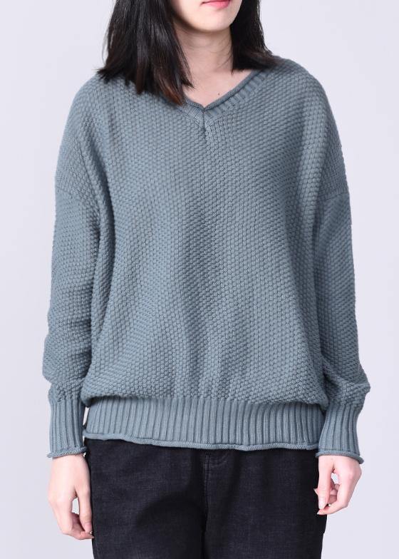 Aesthetic Gray Blue Knit Pullover Oversized V Neck Sweaters Autumn