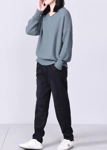 Aesthetic Gray Blue Knit Pullover Oversized V Neck Sweaters Autumn