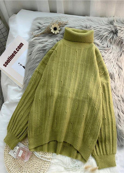 Aesthetic Green Blouse Cable High Neck Knitwear