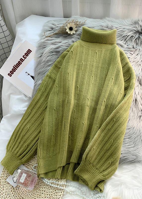 Aesthetic Green Blouse Cable High Neck Knitwear