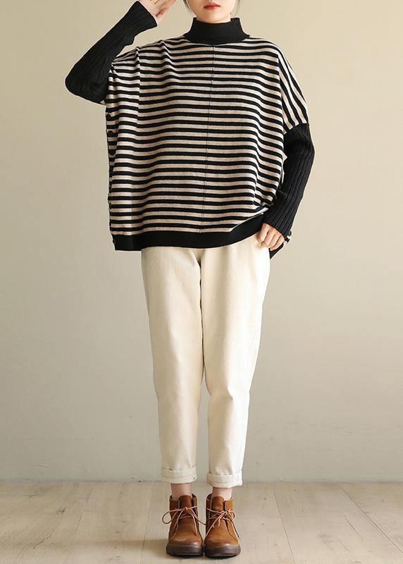 Aesthetic Half High Neck Striped Knit Tops Loose Fitting Patchwork Box Top