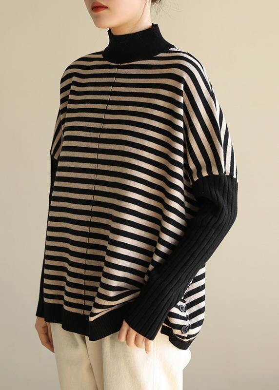 Aesthetic Half High Neck Striped Knit Tops Loose Fitting Patchwork Box Top