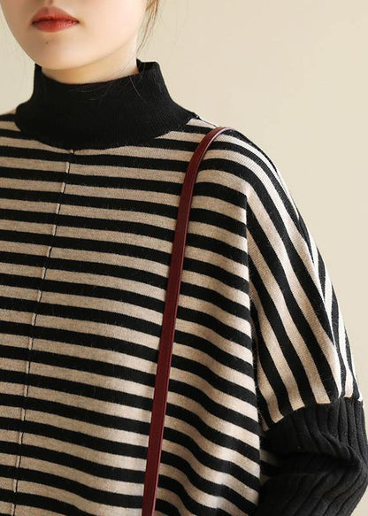 Aesthetic Half High Neck Striped Knit Tops Loose Fitting Patchwork Box Top