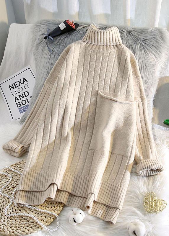 Aesthetic High Neck Beige Knit Sweat Tops Spring Low High Designknit Blouse