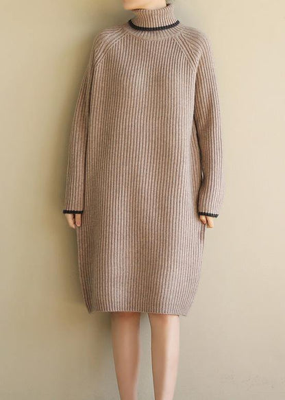 Aesthetic Khaki Sweater Dress Outfit Wild Tunic High Lapel Collar Knit Dress