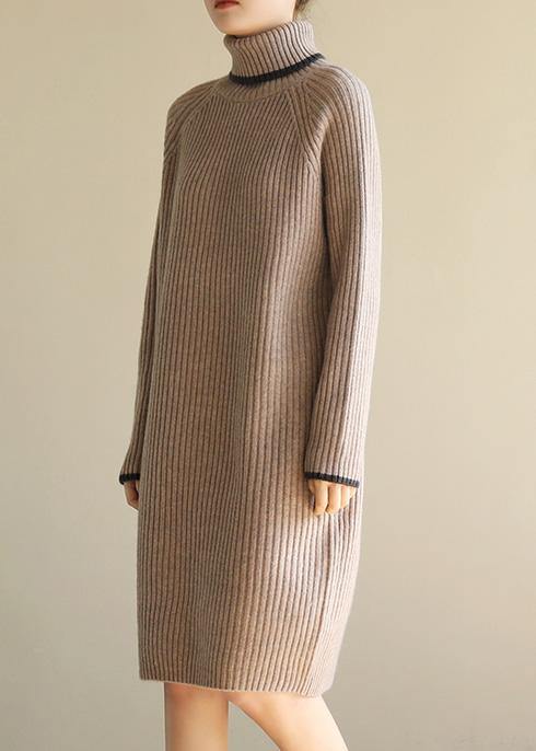 Aesthetic Khaki Sweater Dress Outfit Wild Tunic High Lapel Collar Knit Dress