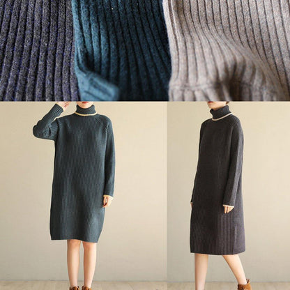 Aesthetic Khaki Sweater Dress Outfit Wild Tunic High Lapel Collar Knit Dress