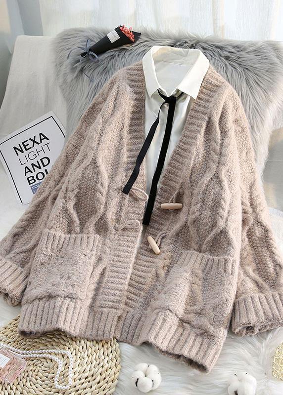 Aesthetic Knitwear Loose Fitting Pink V Neck Pockets Knit Cardigans