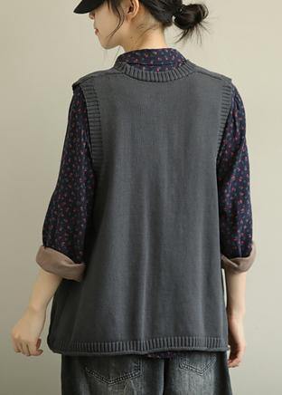 Aesthetic Knitwear Dark Gray V Neck Sleeveless Knitted Jackets