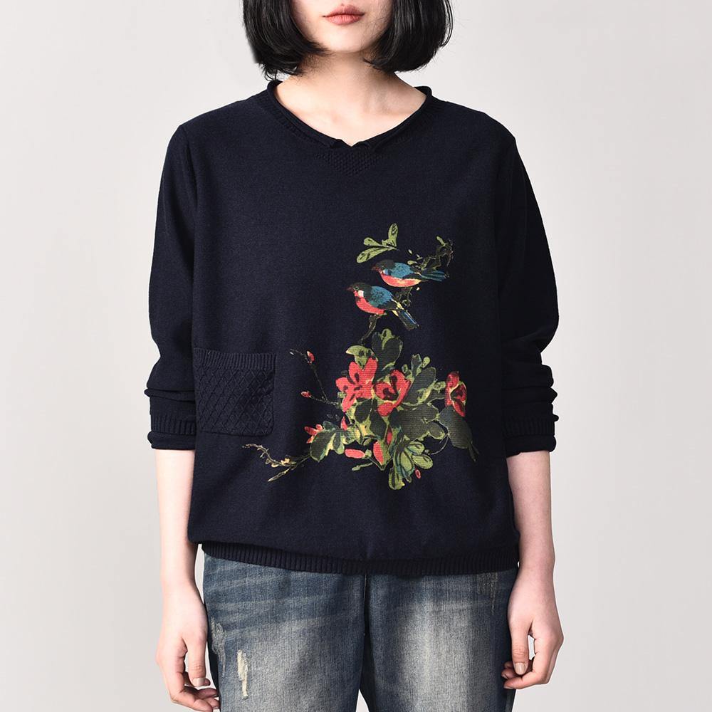 Aesthetic Navy Knitted Jackets Plussize Pullover Knitwear Prints Long Sleeve