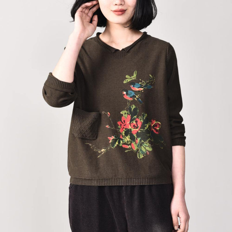 Aesthetic Navy Knitted Jackets Plussize Pullover Knitwear Prints Long Sleeve