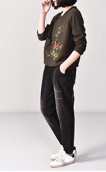 Aesthetic Navy Knitted Jackets Plussize Pullover Knitwear Prints Long Sleeve