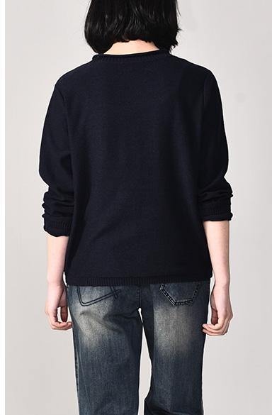 Aesthetic Navy Knitted Jackets Plussize Pullover Knitwear Prints Long Sleeve