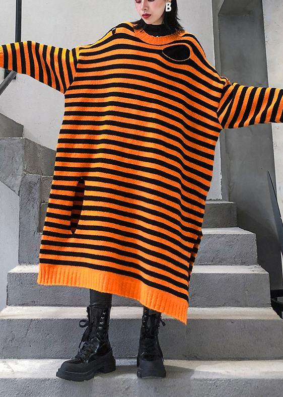 Aesthetic O Neck Hole Sweater Fall Dress Diy Orange Striped Daily Knitted Dress