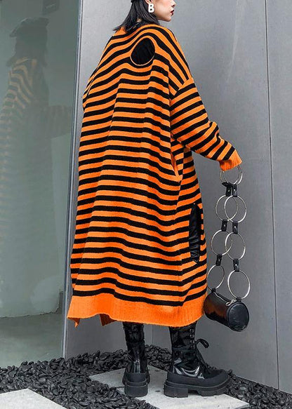 Aesthetic O Neck Hole Sweater Fall Dress Diy Orange Striped Daily Knitted Dress