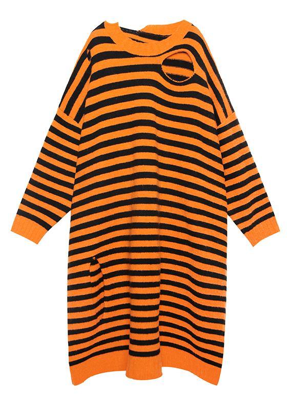 Aesthetic O Neck Hole Sweater Fall Dress Diy Orange Striped Daily Knitted Dress