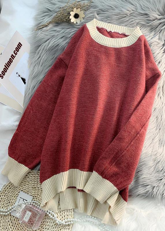 Aesthetic O Neck Patchwork Knitted Blouse Oversized Low High Design Sweater Blouse