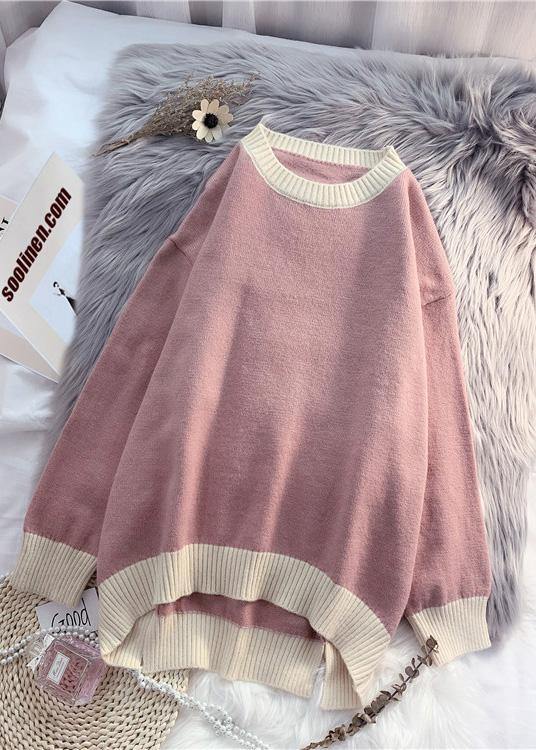 Aesthetic O Neck Patchwork Knitted Blouse Oversized Low High Design Sweater Blouse