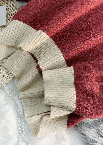 Aesthetic O Neck Patchwork Knitted Blouse Oversized Low High Design Sweater Blouse