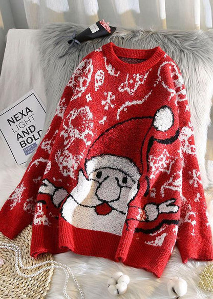 Aesthetic O Neck Red Knit Tops Oversize Santa Claus Top