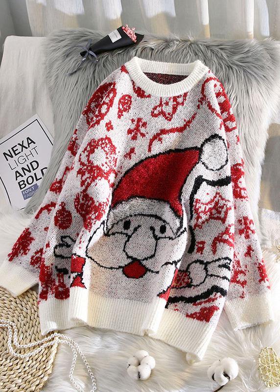 Aesthetic O Neck Red Knit Tops Oversize Santa Claus Top