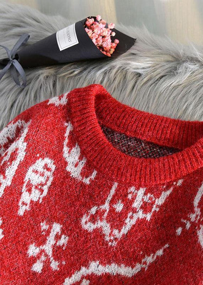 Aesthetic O Neck Red Knit Tops Oversize Santa Claus Top