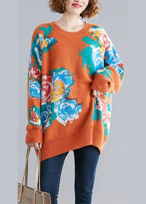 Aesthetic Orange Print Knit Tops O Neck Knitwear