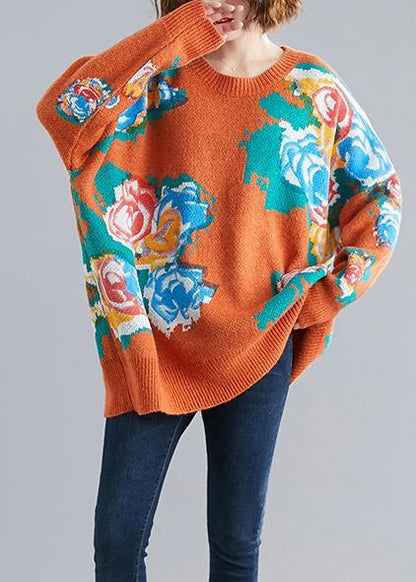 Aesthetic Orange Print Knit Tops O Neck Knitwear