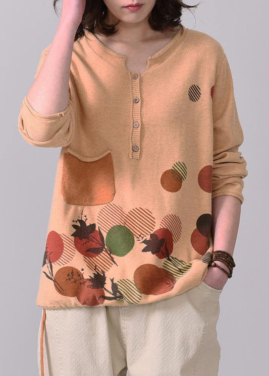 Aesthetic Orange Yellow Prints Sweaters Oversize Long Sleeve Knitted T Shirt V Neck