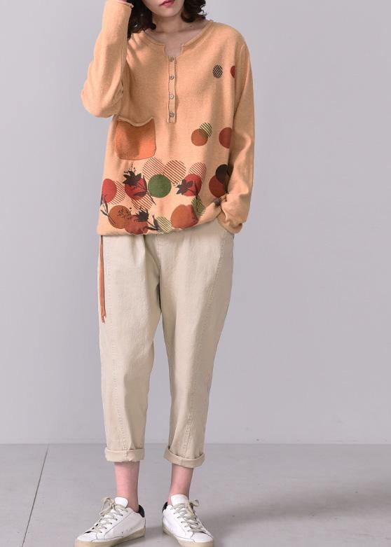 Aesthetic Orange Yellow Prints Sweaters Oversize Long Sleeve Knitted T Shirt V Neck