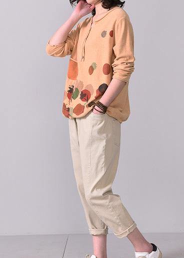 Aesthetic Orange Yellow Prints Sweaters Oversize Long Sleeve Knitted T Shirt V Neck