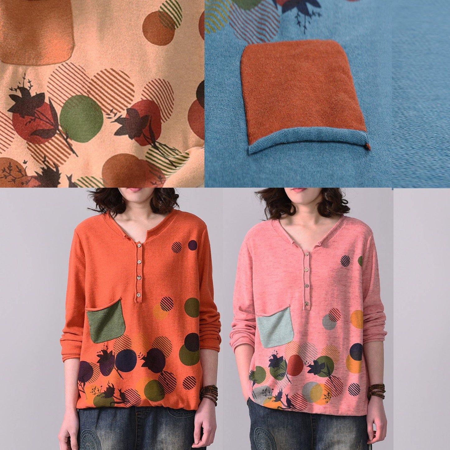 Aesthetic Orange Yellow Prints Sweaters Oversize Long Sleeve Knitted T Shirt V Neck