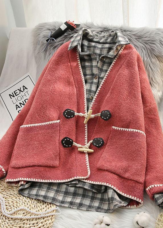 Aesthetic Pink Knit Coats Oversized V Neck Horn Buckle Knit Outwear