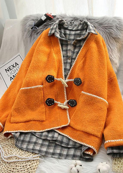 Aesthetic Pink Knit Coats Oversized V Neck Horn Buckle Knit Outwear