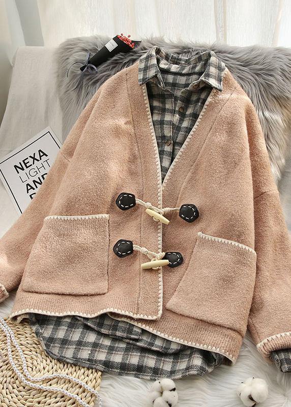 Aesthetic Pink Knit Coats Oversized V Neck Horn Buckle Knit Outwear