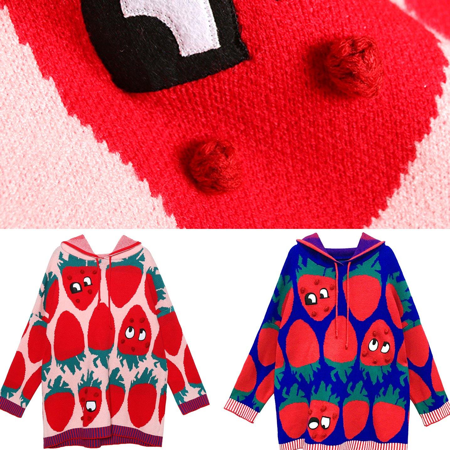 Aesthetic Pink Print Knit Blouse Loose Fitting Knit Hooded Drawstring Tops